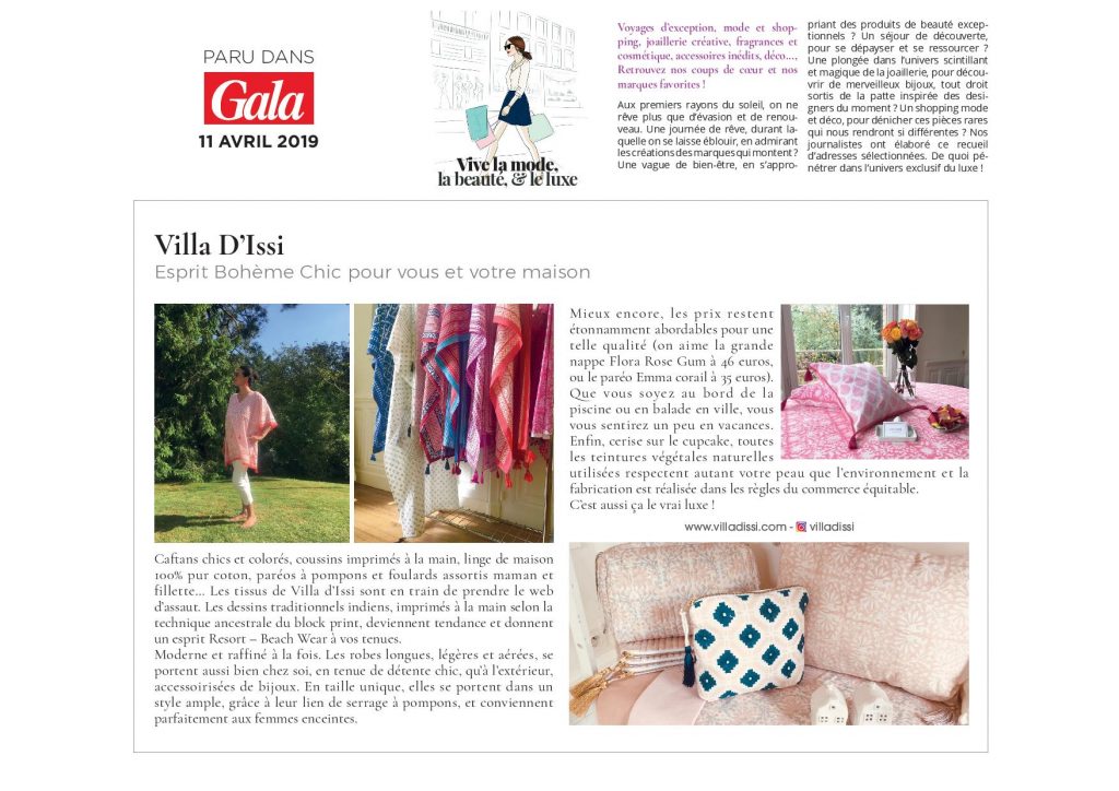 VILLA D'ISSI recommandé par le magazine GALA dans son dossier Luxe-Tendances 2019 du 11 avril 2019